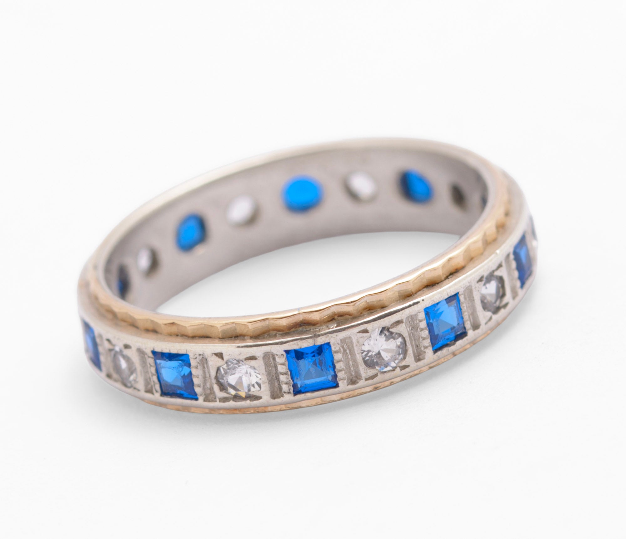 Vintage 9ct Gold & Sterling Silver Blue Spinel Full Eternity Ring UK Size L (C2783)