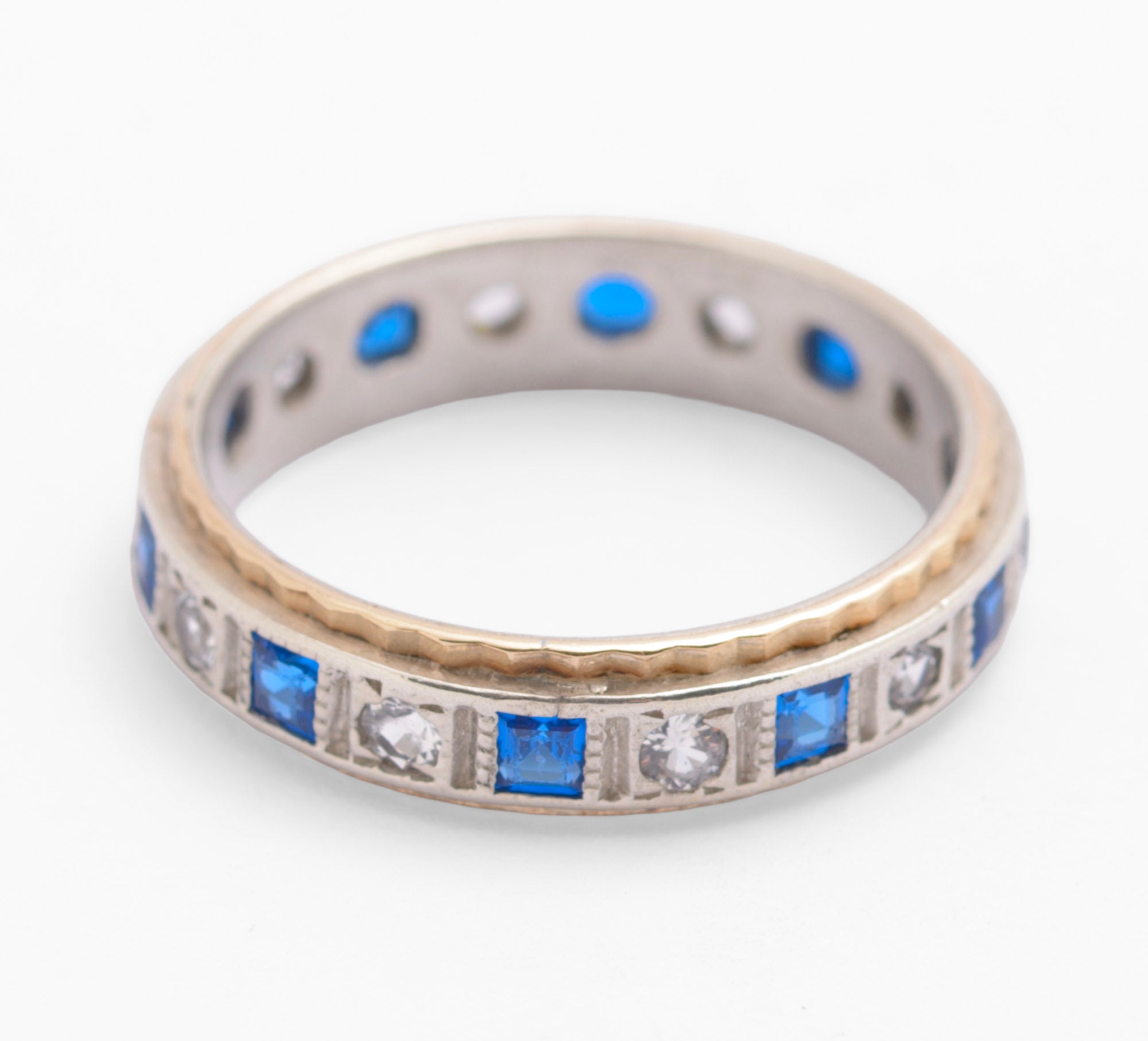 Vintage 9ct Gold & Sterling Silver Blue Spinel Full Eternity Ring UK Size L (C2783)