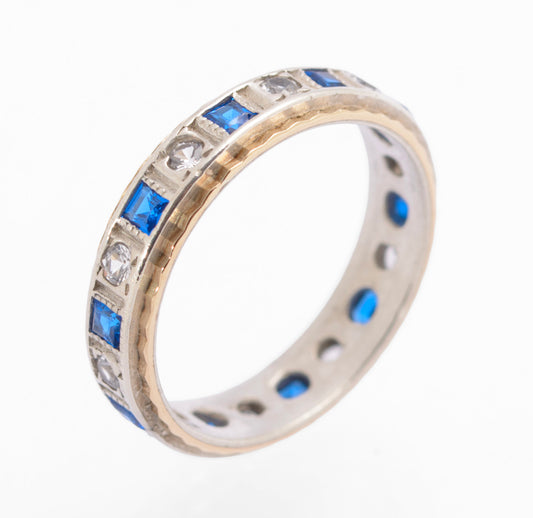 Vintage 9ct Gold & Sterling Silver Blue Spinel Full Eternity Ring UK Size L (C2783)