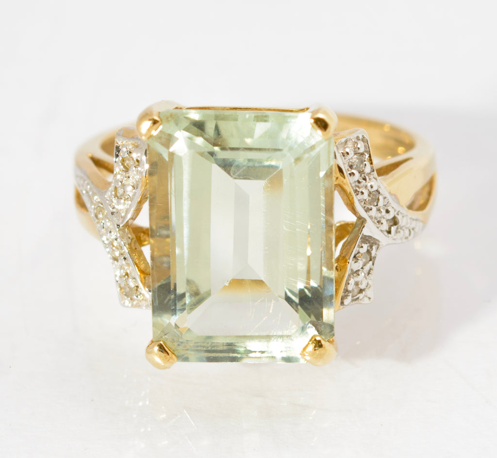 Vintage 9ct Gold Dress Ring With Large 5.5 Carat Prasiolite Gemstone & Diamonds (C2785)