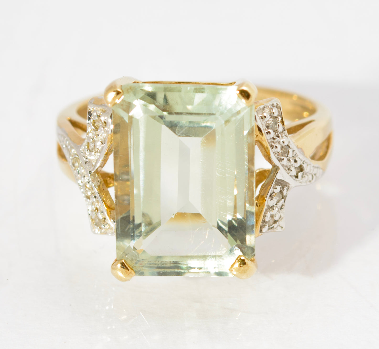 Vintage 9ct Gold Dress Ring With Large 5.5 Carat Prasiolite Gemstone & Diamonds (C2785)