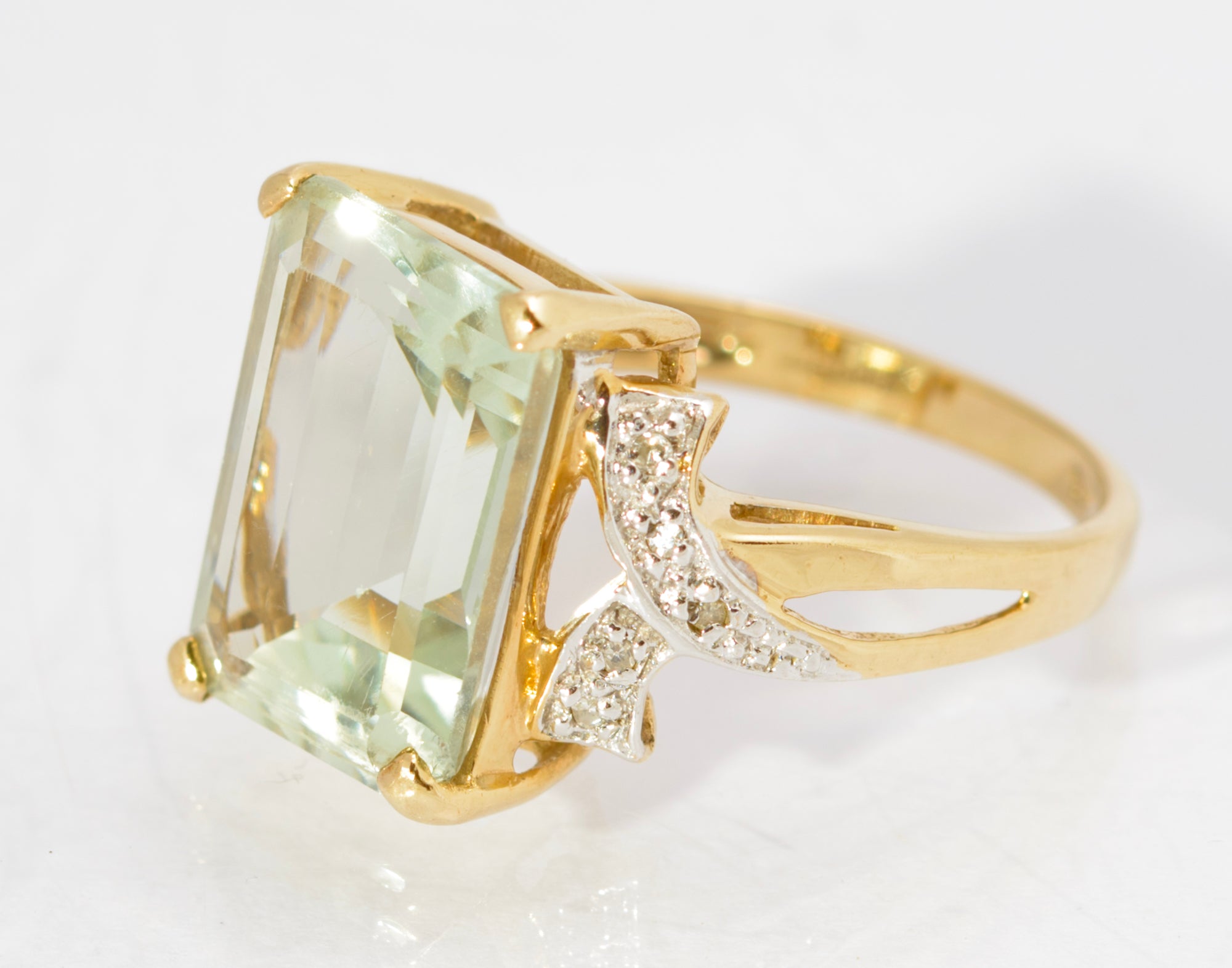 Vintage 9ct Gold Dress Ring With Large 5.5 Carat Prasiolite Gemstone & Diamonds (C2785)