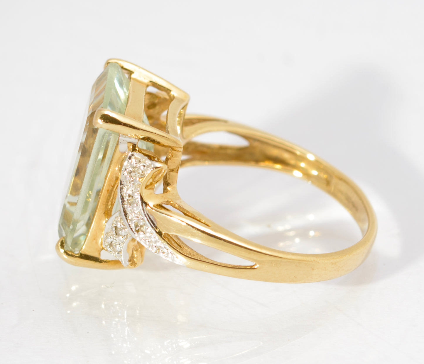 Vintage 9ct Gold Dress Ring With Large 5.5 Carat Prasiolite Gemstone & Diamonds (C2785)