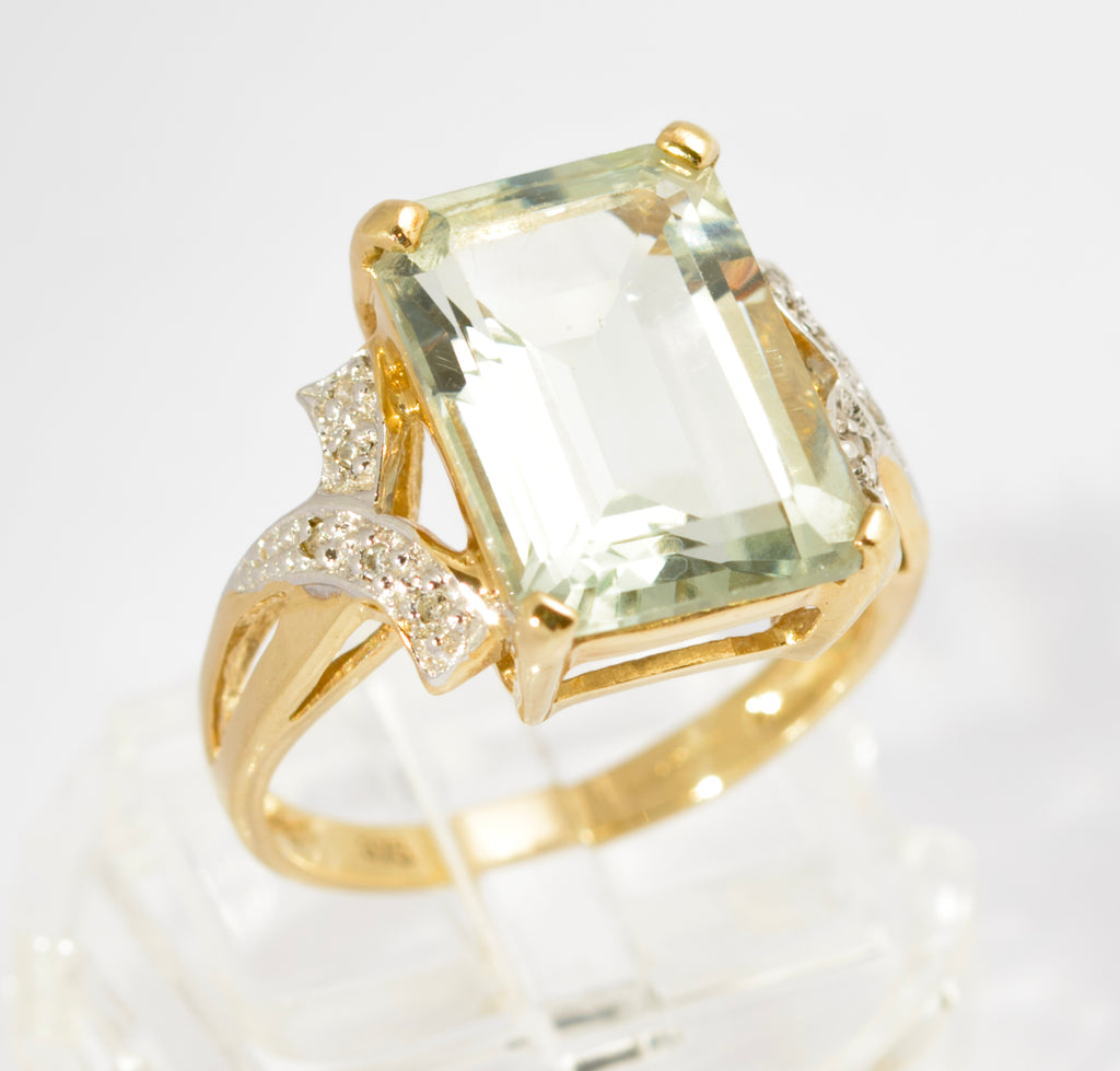 Vintage 9ct Gold Dress Ring With Large 5.5 Carat Prasiolite Gemstone & Diamonds (C2785)