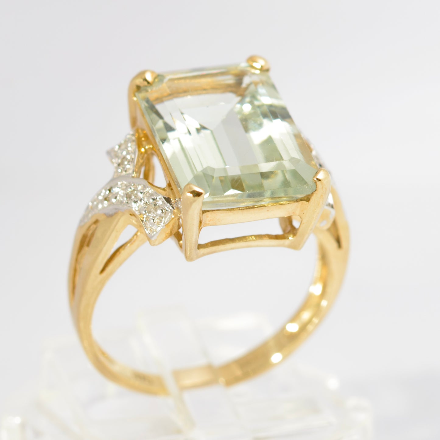 Vintage 9ct Gold Dress Ring With Large 5.5 Carat Prasiolite Gemstone & Diamonds (C2785)
