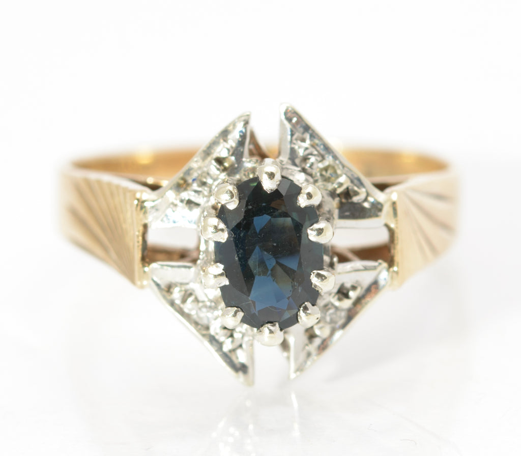 Vintage 9ct Gold Natural Sapphire & Diamond Shield Head Ring 1970's UK Size L1/2 (C2796)