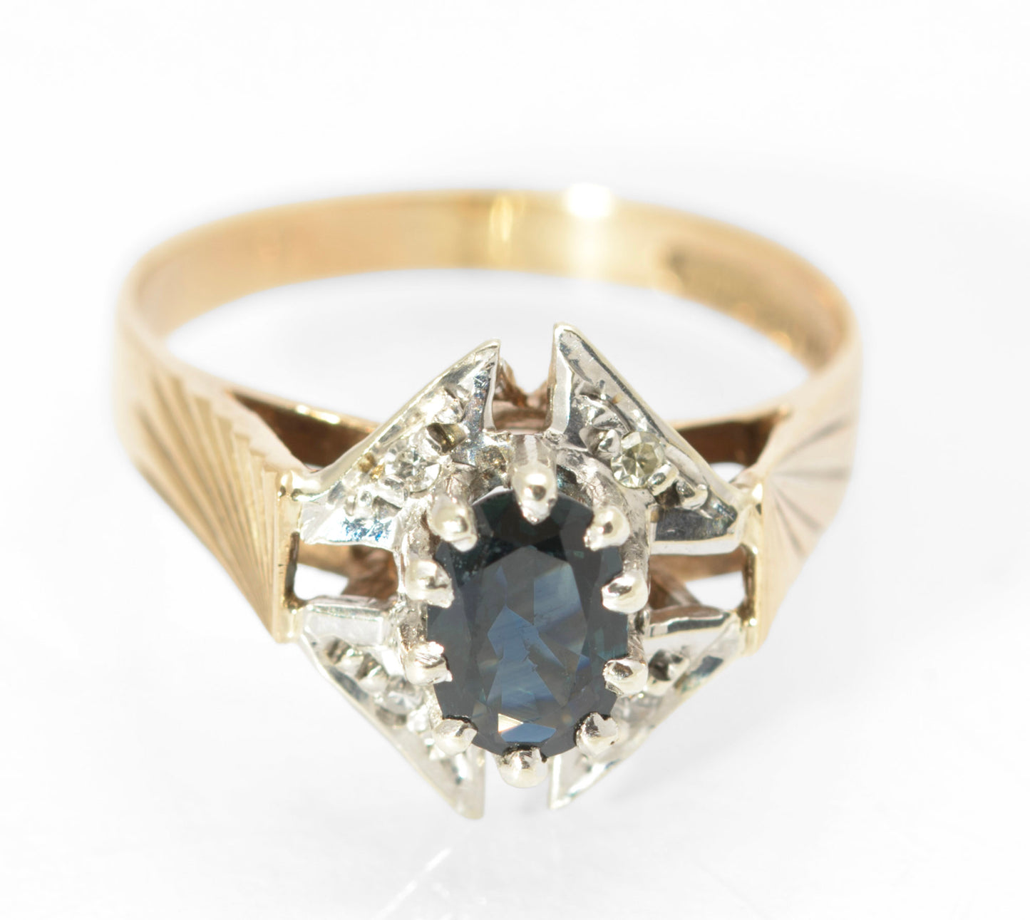 Vintage 9ct Gold Natural Sapphire & Diamond Shield Head Ring 1970's Size L1/2 (C2796)