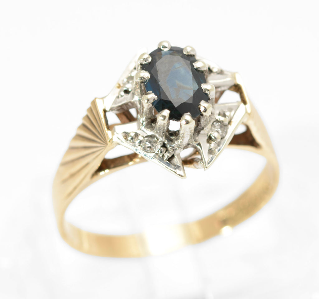 Vintage 9ct Gold Natural Sapphire & Diamond Shield Head Ring 1970's UK Size L1/2 (C2796)