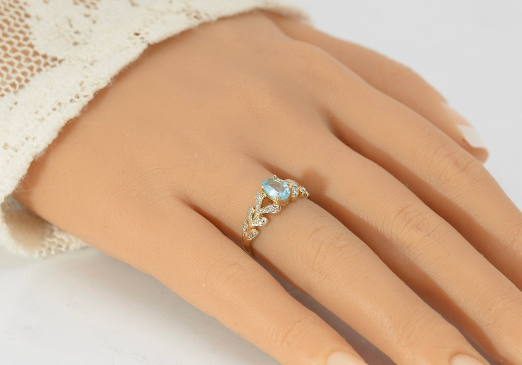 9ct Gold Natural Sky Blue Topaz & Diamond Water Drop Shoulders Ring Size M1/2 (C2797)