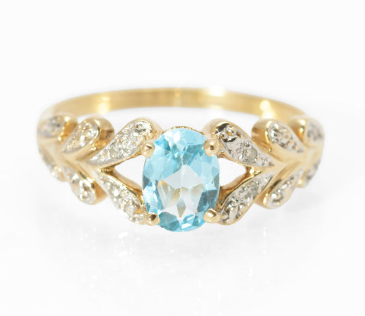 9ct Gold Natural Sky Blue Topaz & Diamond Water Drop Shoulders Ring Size M1/2 (C2797)
