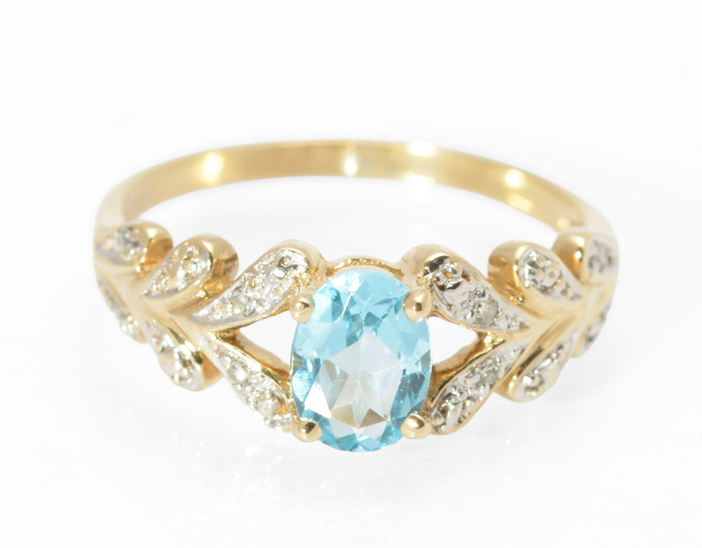 9ct Gold Natural Sky Blue Topaz & Diamond Water Drop Shoulders Ring Size M1/2 (C2797)