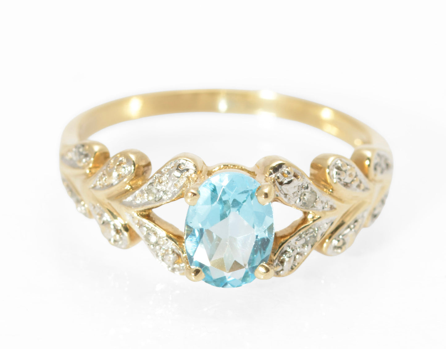 9ct Gold Natural Sky Blue Topaz & Diamond Water Drop Shoulders Ring Size M1/2 (C2797)