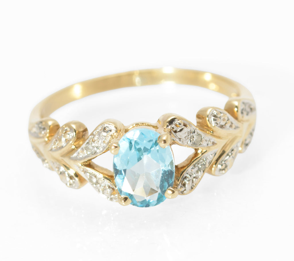 9ct Gold Natural Sky Blue Topaz & Diamond Water Drop Shoulders Ring Size M1/2 (C2797)