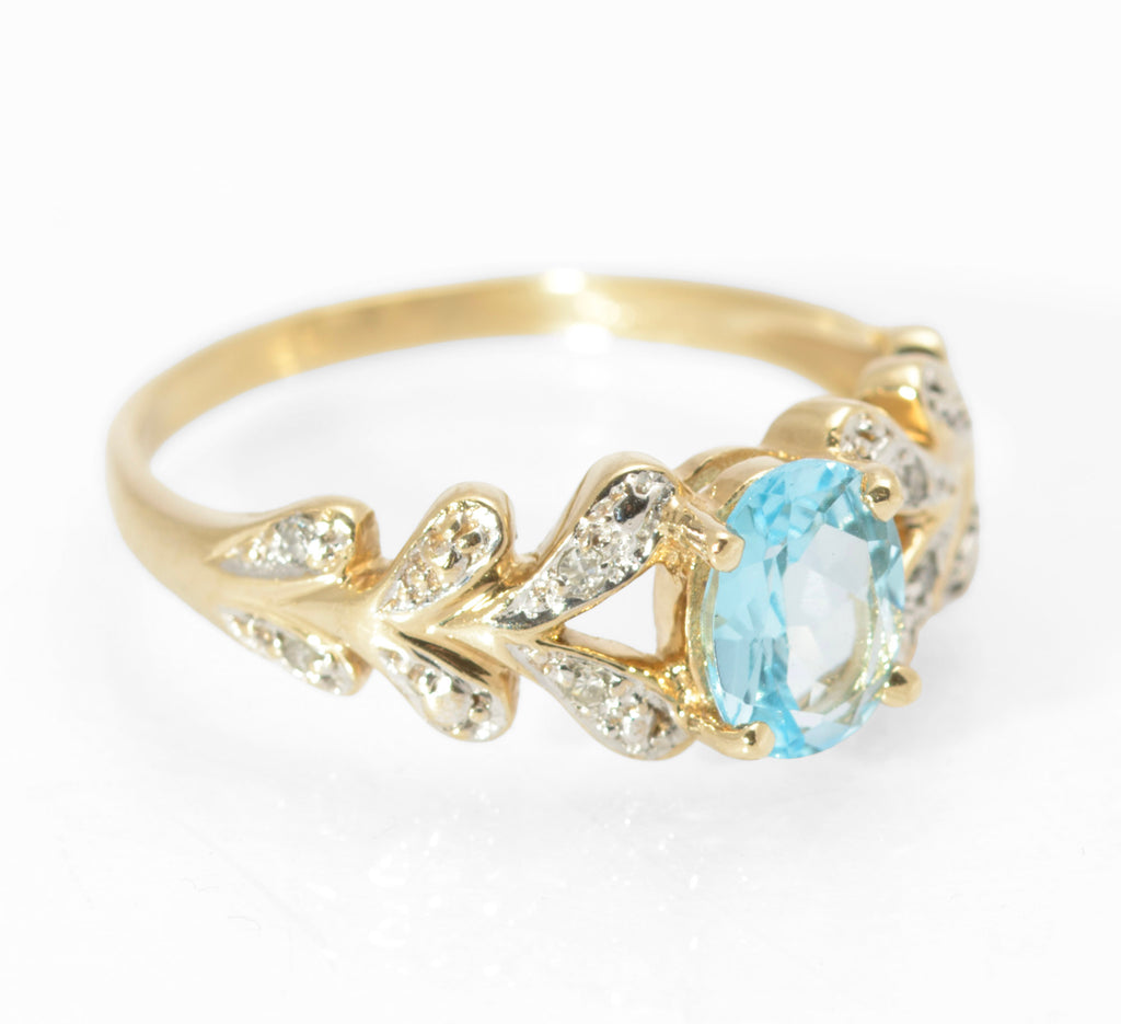 9ct Gold Natural Sky Blue Topaz & Diamond Water Drop Shoulders Ring Size M1/2 (C2797)