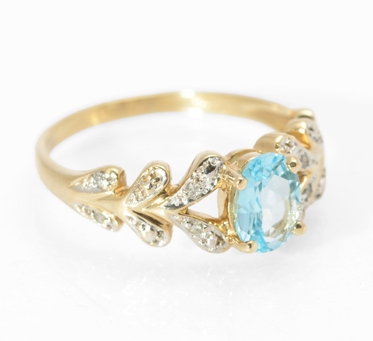 9ct Gold Natural Sky Blue Topaz & Diamond Water Drop Shoulders Ring Size M1/2 (C2797)