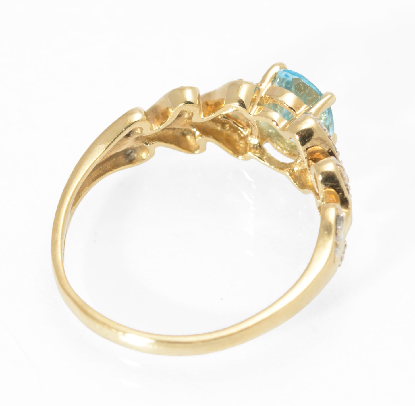 9ct Gold Natural Sky Blue Topaz & Diamond Water Drop Shoulders Ring Size M1/2 (C2797)