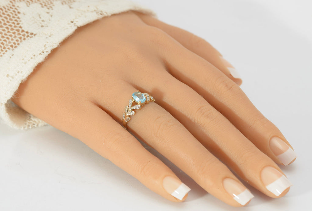9ct Gold Natural Sky Blue Topaz & Diamond Water Drop Shoulders Ring Size M1/2 (C2797)