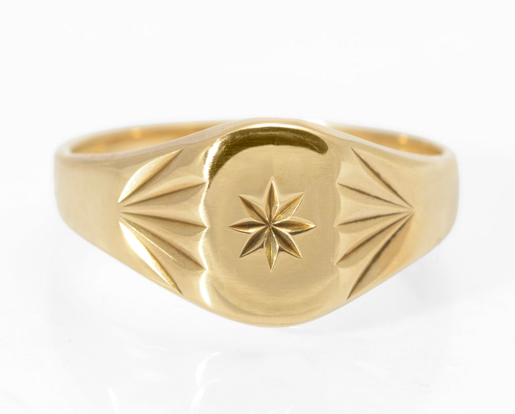 Vintage 9ct Gold Classic Signet Ring 1960's Radial Cut Shoulders UK Size N (C2798)