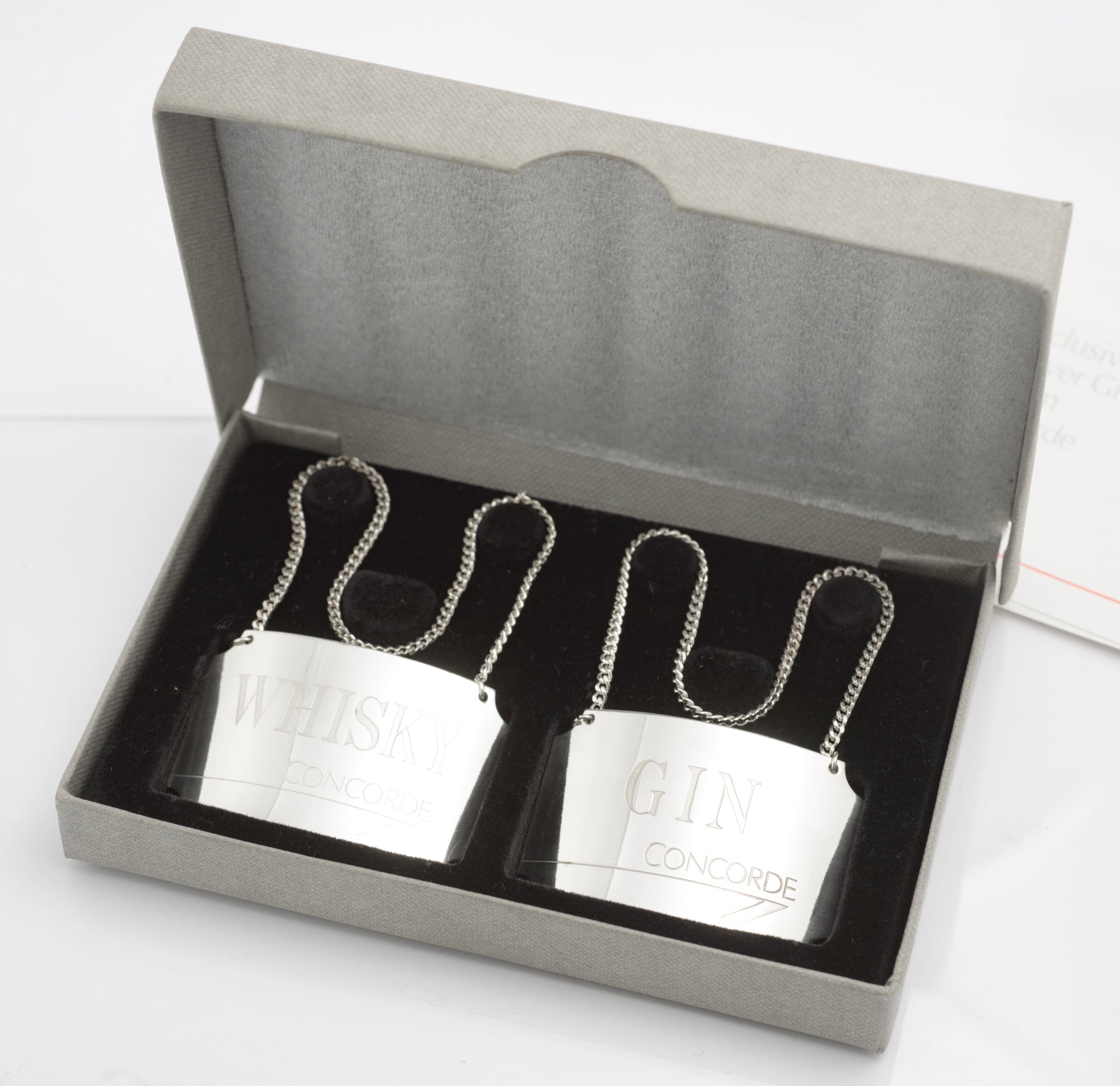 2 x Vintage Concorde Sterling Silver Decanter Labels Whisky / Gin - Boxed (C2813)