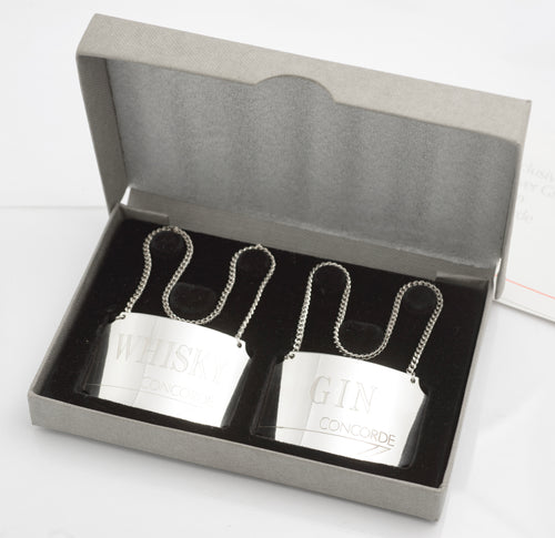 2 x Vintage Concorde Sterling Silver Decanter Labels Whisky / Gin - Boxed (C2813)
