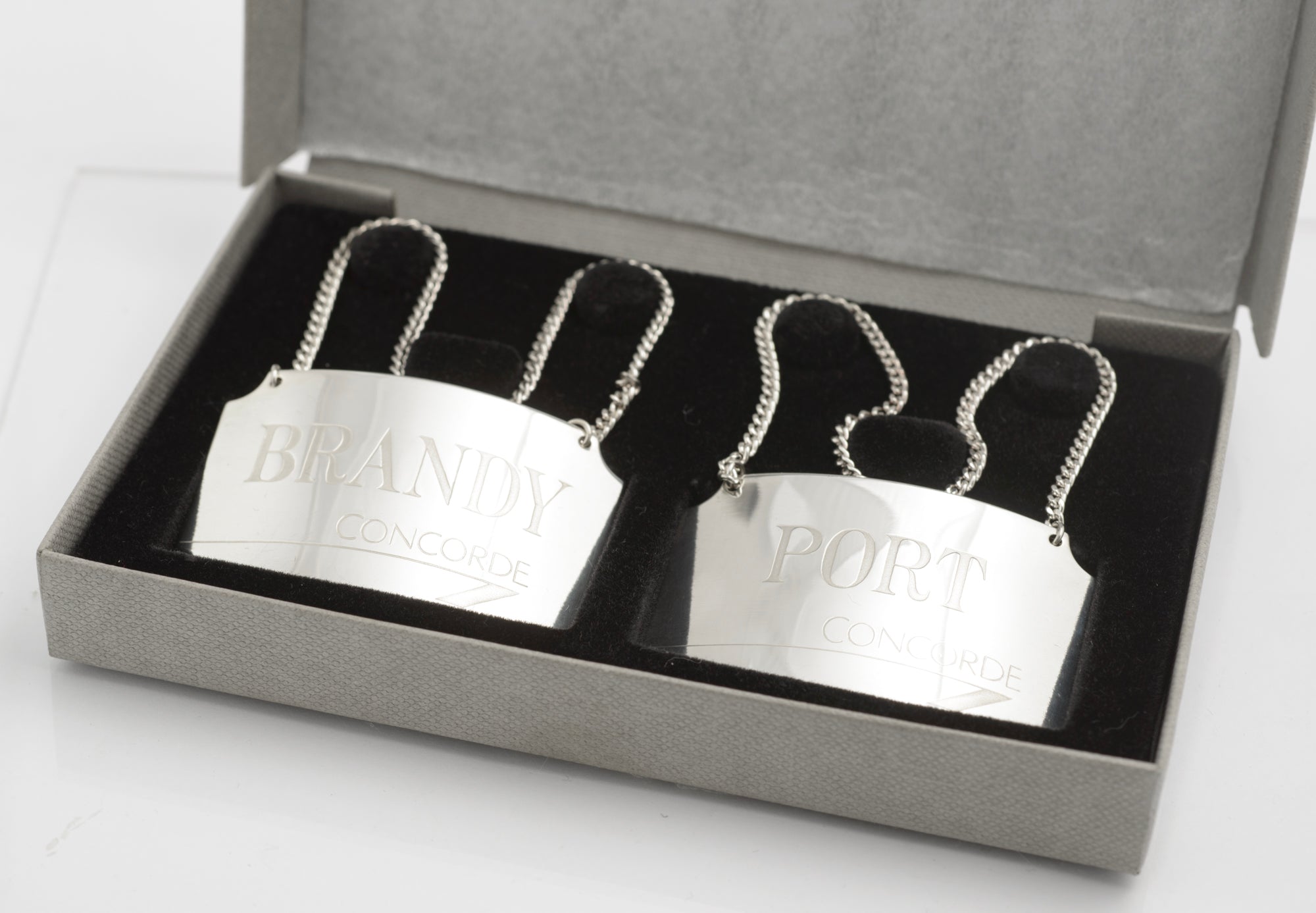 2 Vintage Sterling Silver Concorde Decanter Labels Brandy & Port - Boxed (C2814)