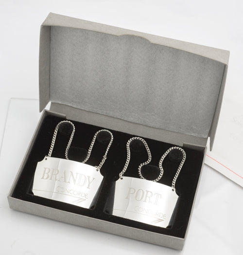 2 Vintage Sterling Silver Concorde Decanter Labels Brandy & Port - Boxed (C2814)