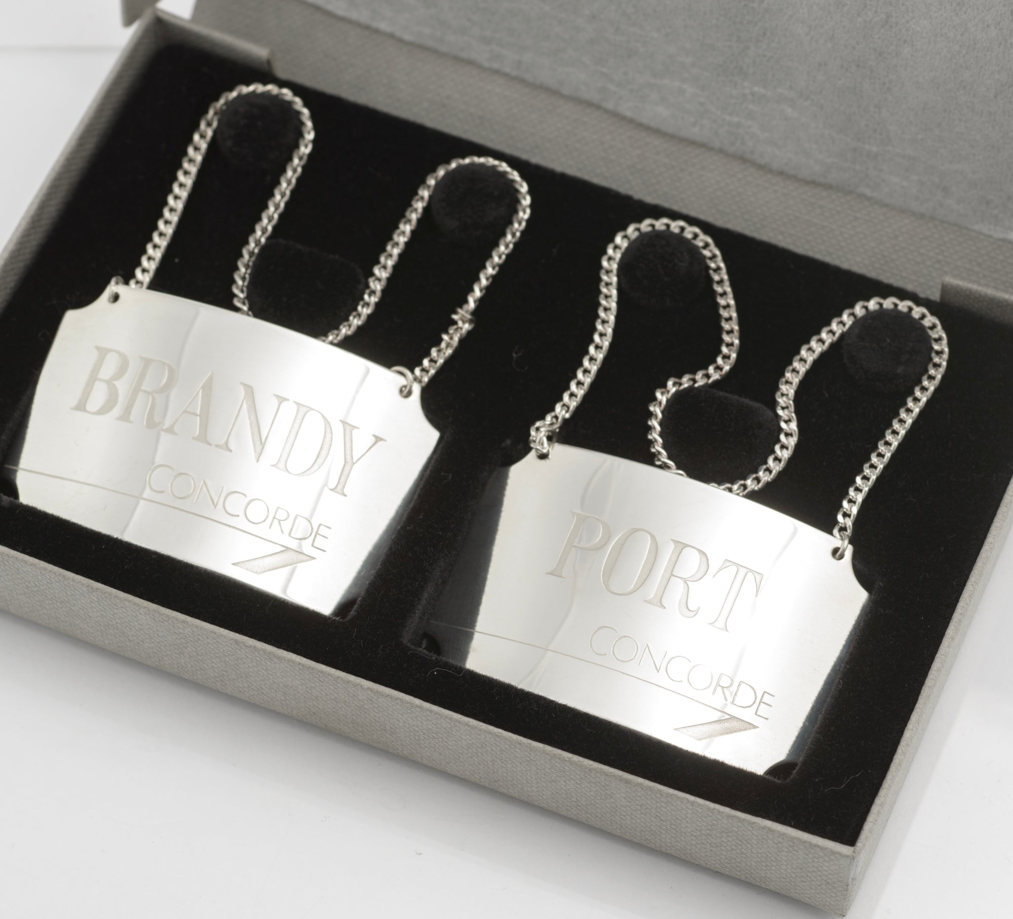 2 Vintage Sterling Silver Concorde Decanter Labels Brandy & Port - Boxed (C2814)