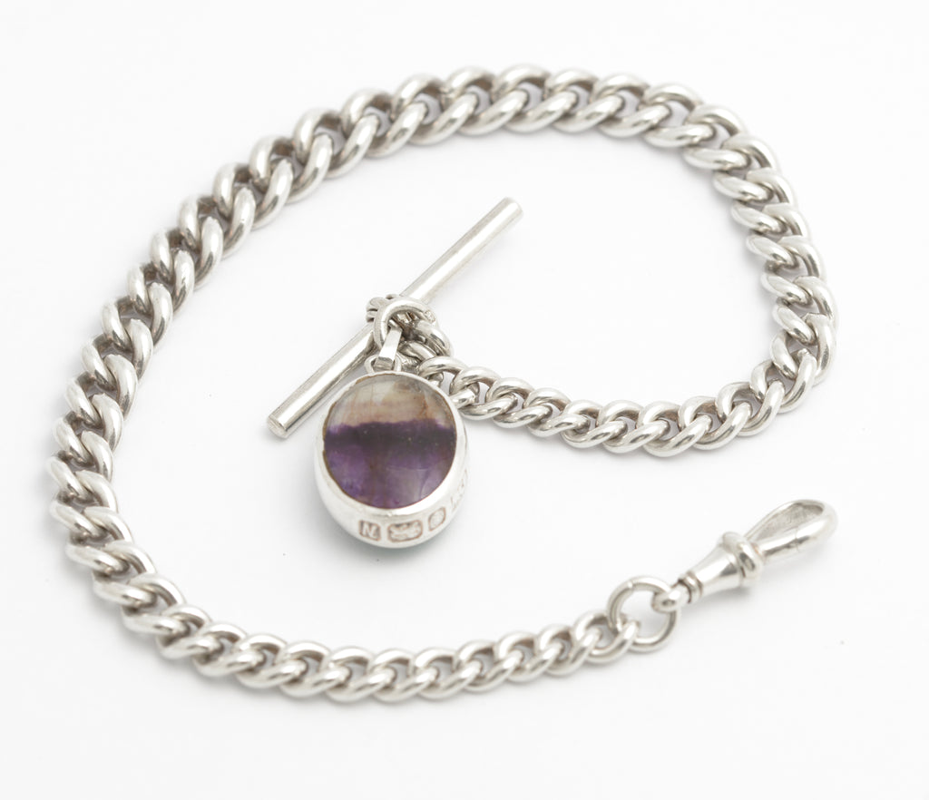 Antique Sterling Silver Watch Chain With David Scott Walker Blue John Fob (C2823)