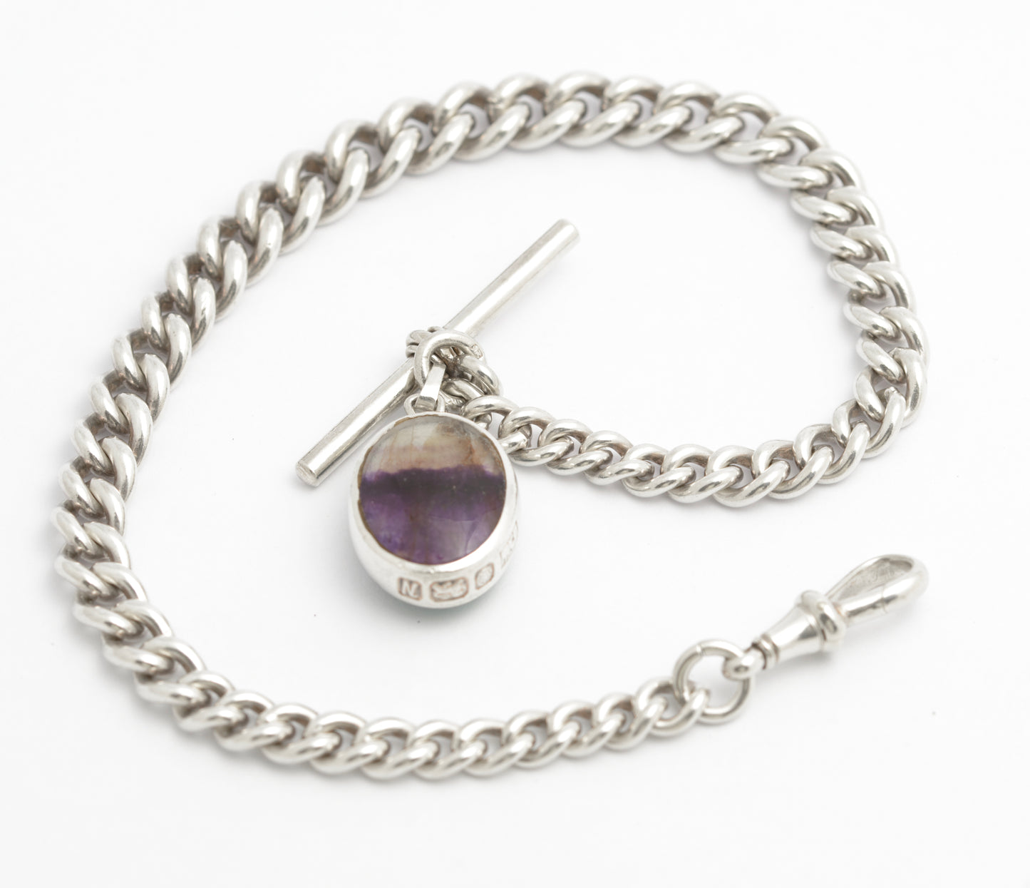 Antique Sterling Silver Watch Chain With David Scott Walker Blue John Fob (C2823)