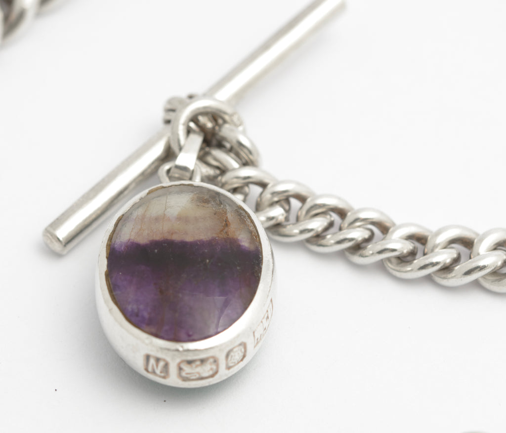 Antique Sterling Silver Watch Chain With David Scott Walker Blue John Fob (C2823)