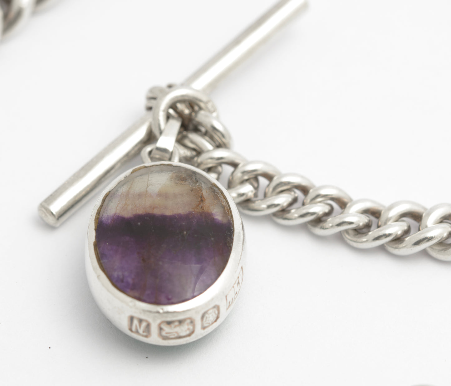 Antique Sterling Silver Watch Chain With David Scott Walker Blue John Fob (C2823)