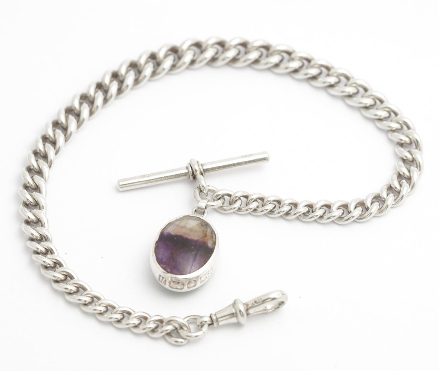 Antique Sterling Silver Watch Chain With David Scott Walker Blue John Fob (C2823)