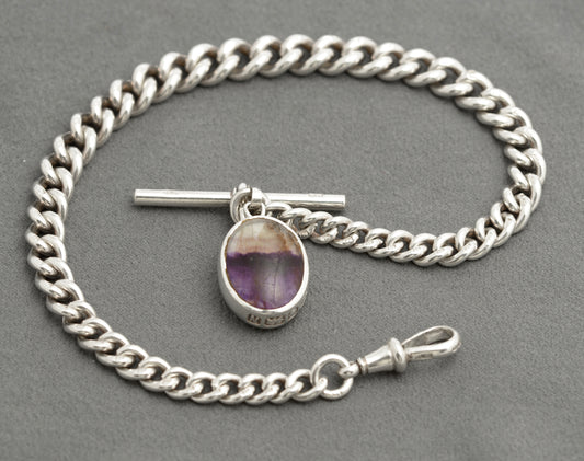 Antique Sterling Silver Watch Chain With David Scott Walker Blue John Fob (C2823)