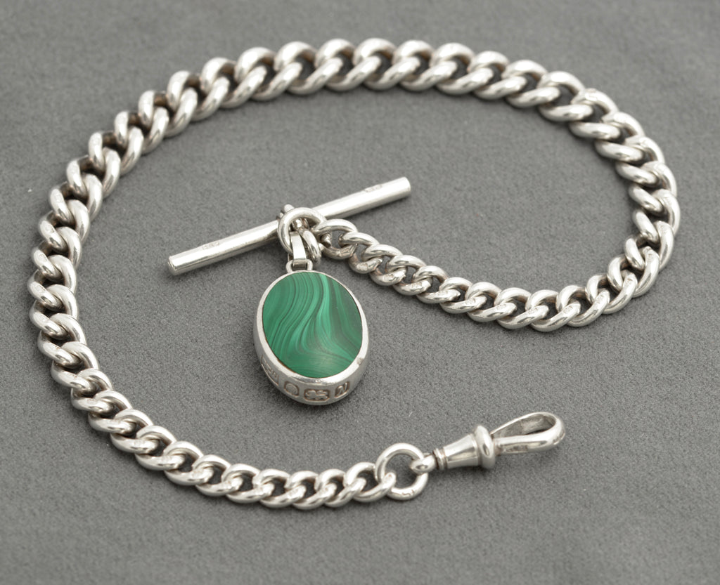 Antique Sterling Silver Watch Chain With David Scott Walker Blue John Fob (C2823)