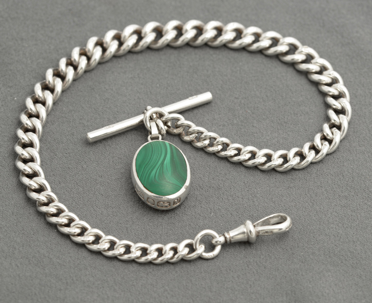 Antique Sterling Silver Watch Chain With David Scott Walker Blue John Fob (C2823)