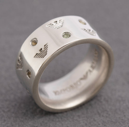Vintage Emporio Armani Sterling Silver Eagle Head Logo Band Ring With Gems (C2825)