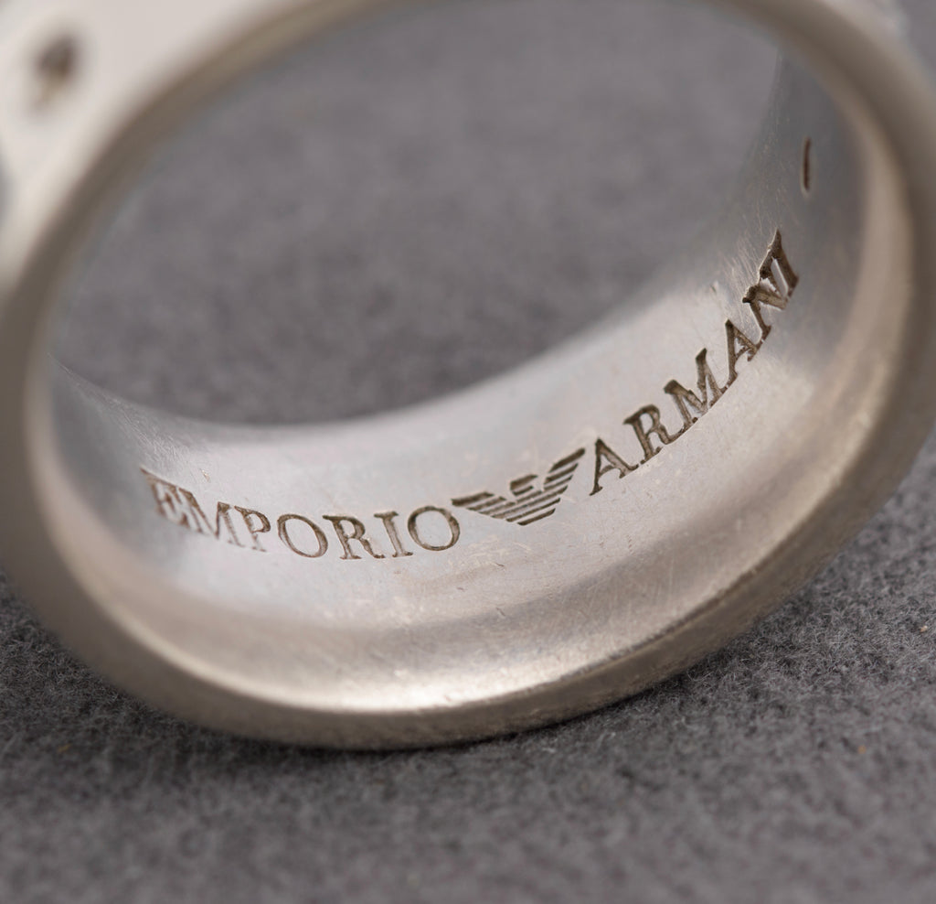 Vintage Emporio Armani Sterling Silver Ring - Eagle Logo Band - UK Size O - C2825