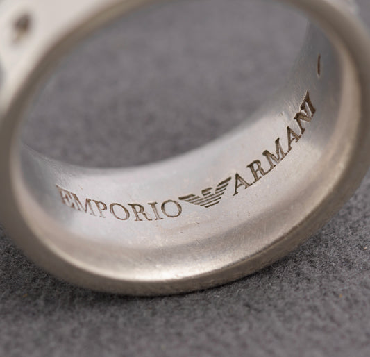 Vintage Emporio Armani Sterling Silver Eagle Head Logo Band Ring With Gems (C2825)