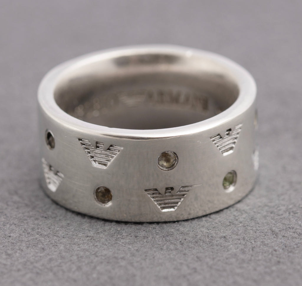 Vintage Emporio Armani Sterling Silver Ring - Eagle Logo Band - UK Size O - C2825