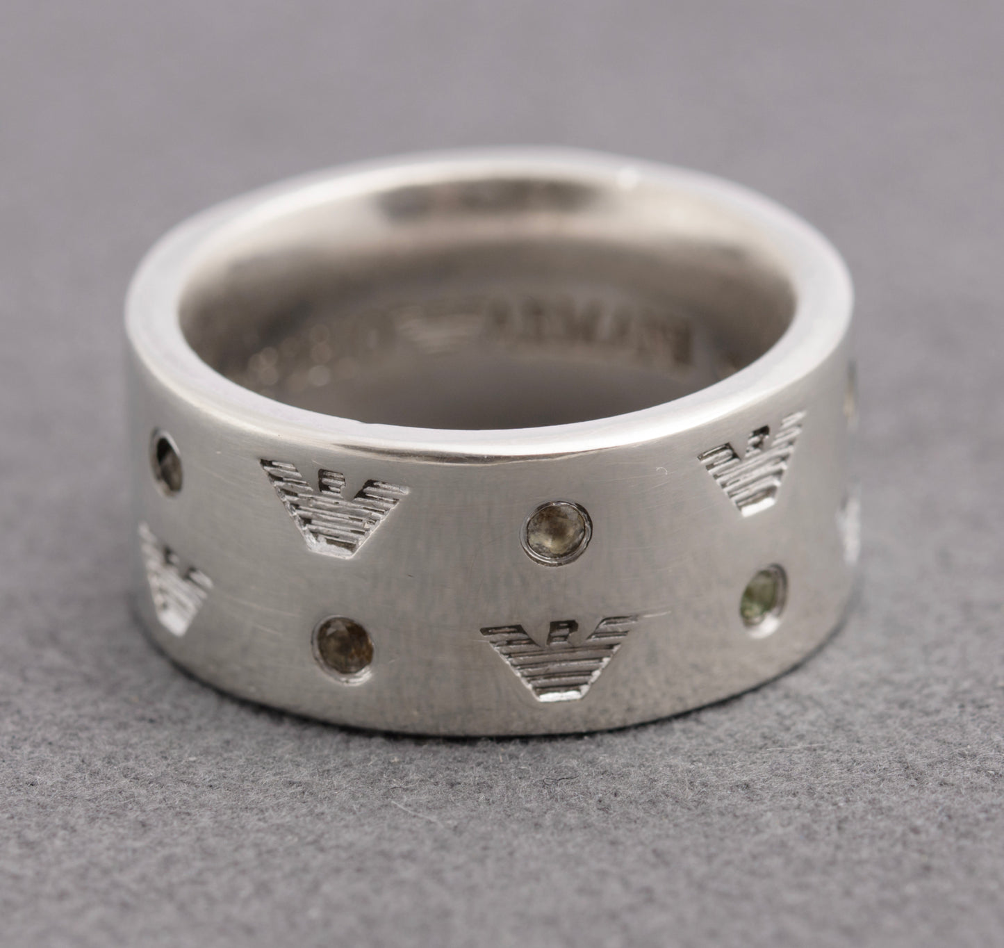 Vintage Emporio Armani Sterling Silver Eagle Head Logo Band Ring With Gems (C2825)