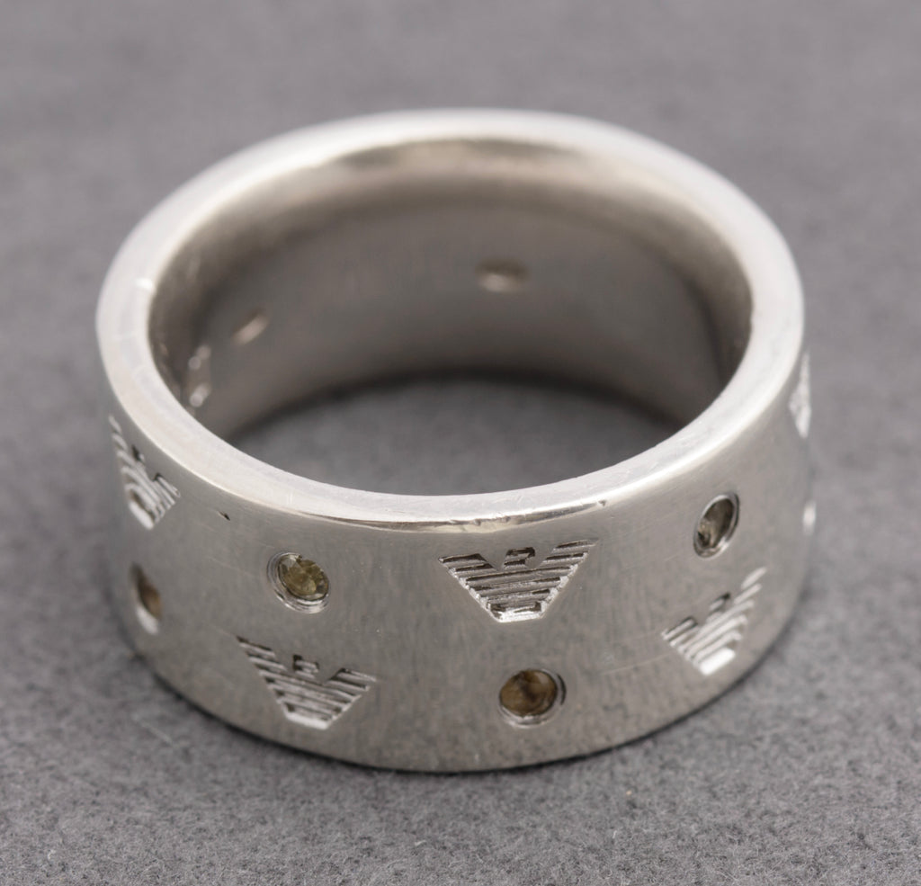 Vintage Emporio Armani Sterling Silver Ring - Eagle Logo Band - UK Size O - C2825