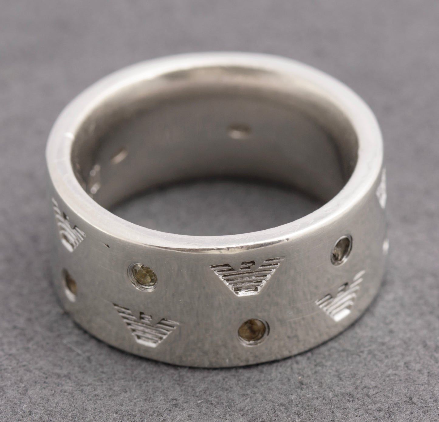 Vintage Emporio Armani Sterling Silver Eagle Head Logo Band Ring With Gems (C2825)