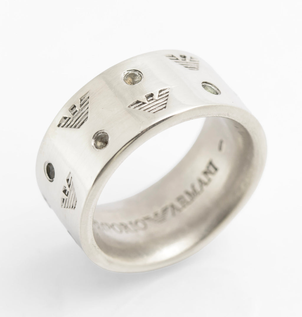 Vintage Emporio Armani Sterling Silver Ring - Eagle Logo Band - UK Size O - C2825