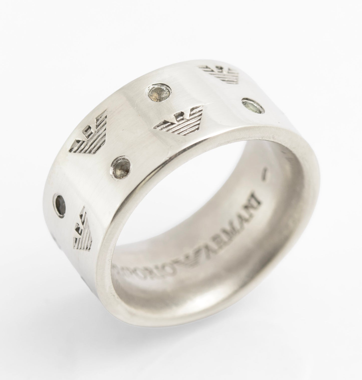 Vintage Emporio Armani Sterling Silver Eagle Head Logo Band Ring With Gems (C2825)