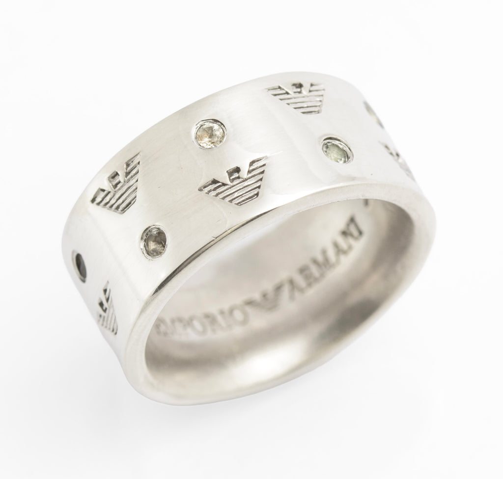 Vintage Emporio Armani Sterling Silver Ring - Eagle Logo Band - UK Size O - C2825