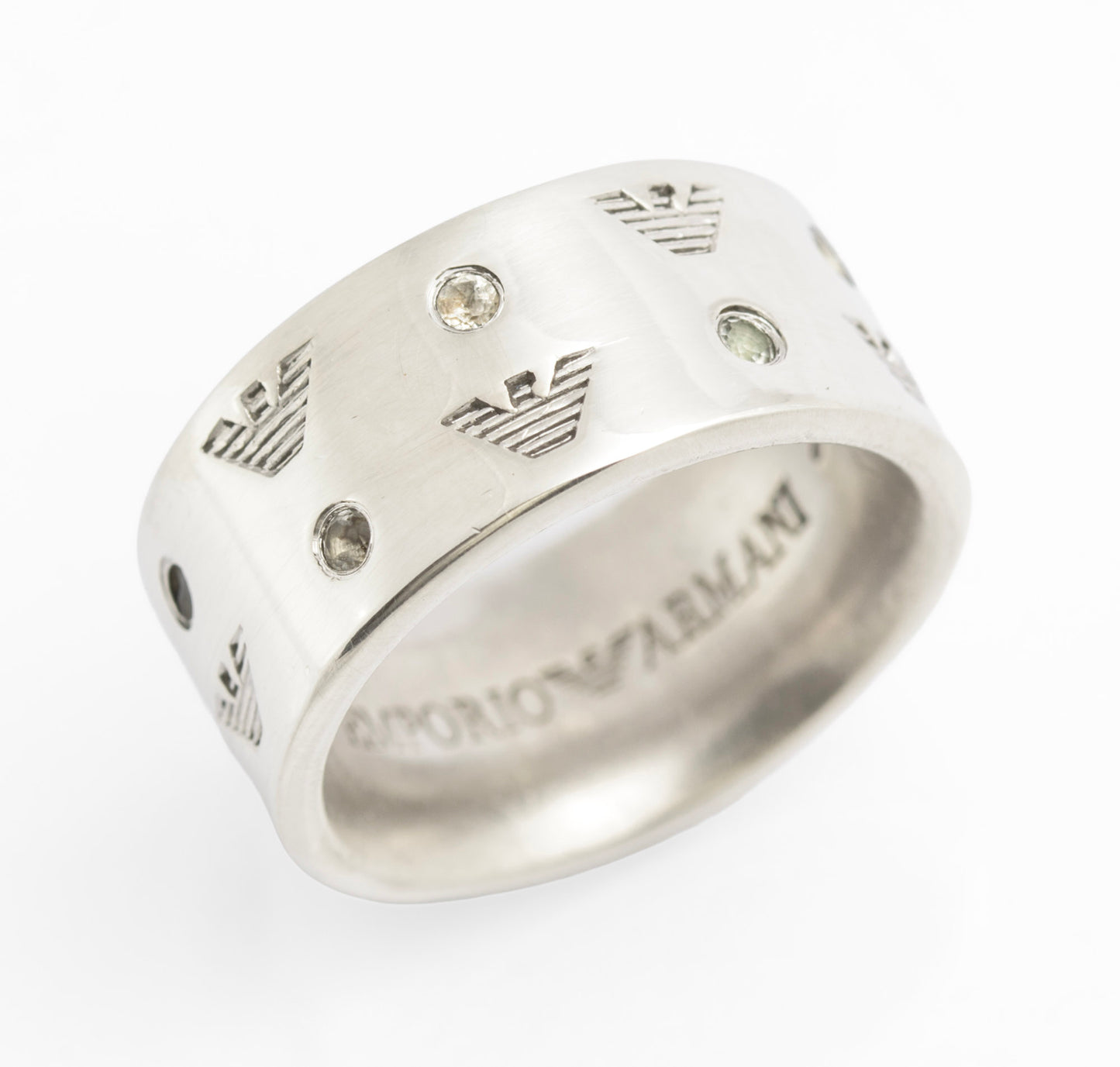 Vintage Emporio Armani Sterling Silver Eagle Head Logo Band Ring With Gems (C2825)