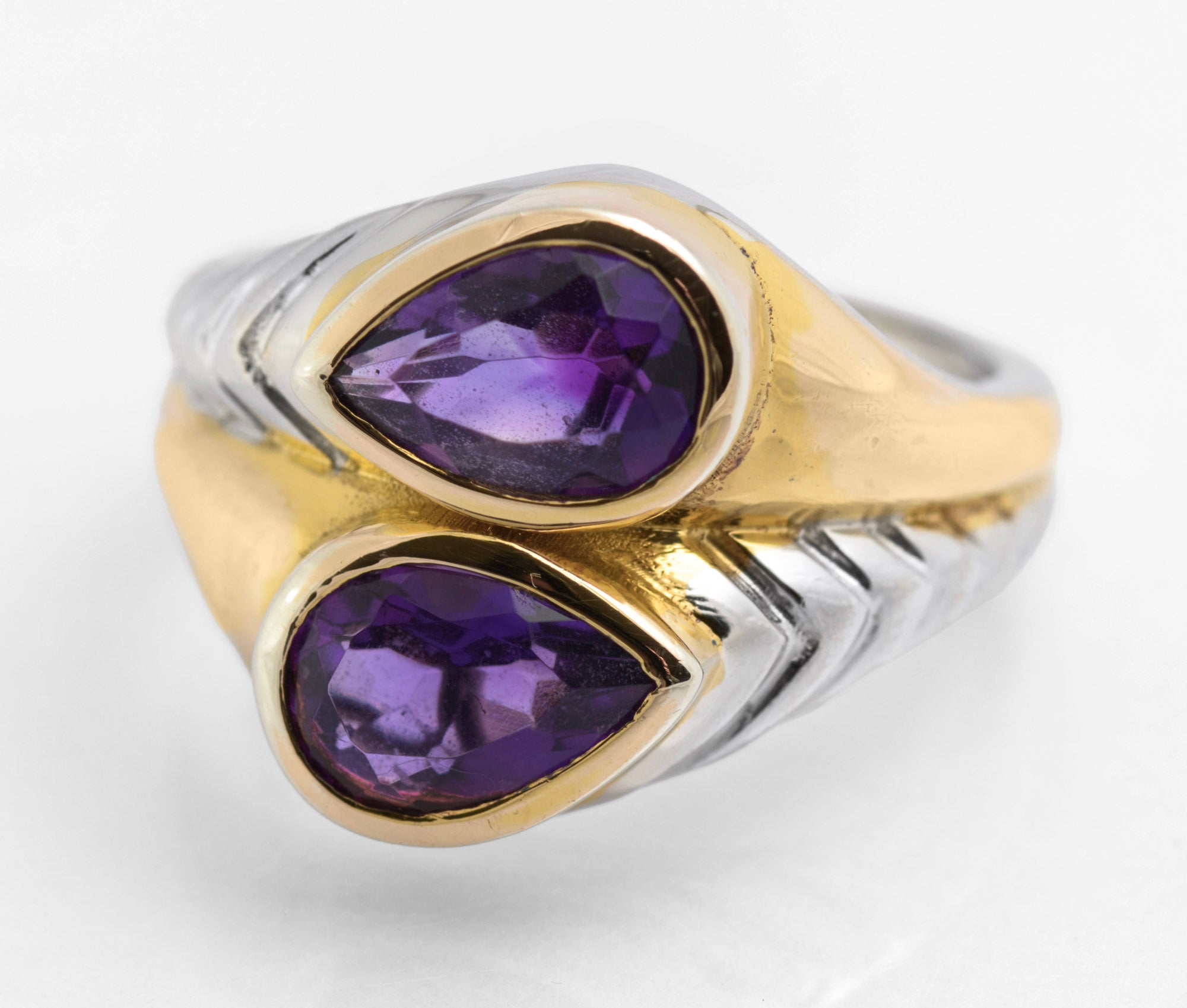 Vintage Sterling Silver Natural Amethyst & Gold Highlight Twin Head Ring Size O (C2827)