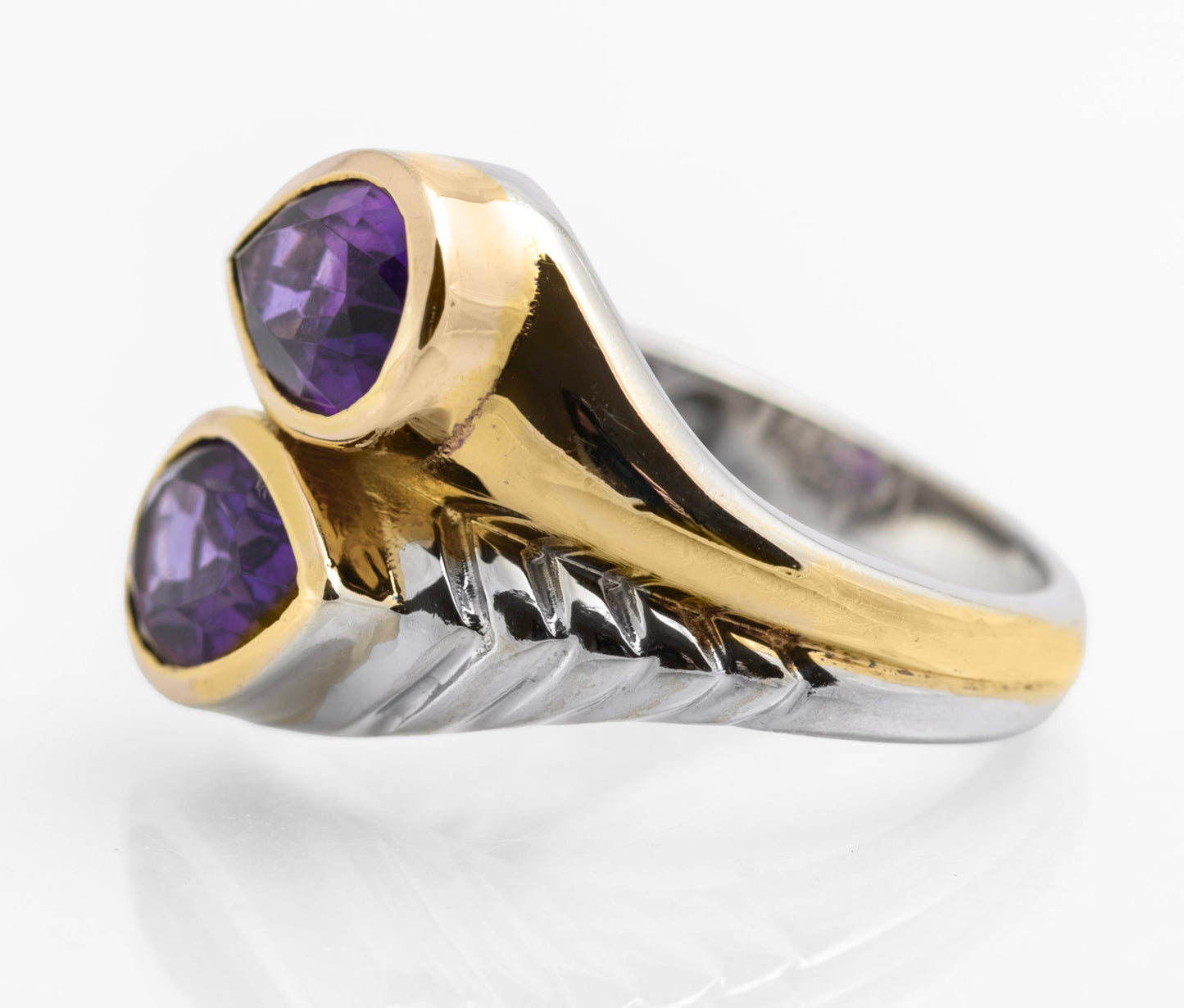 Vintage Sterling Silver Natural Amethyst & Gold Highlight Twin Head Ring Size O (C2827)