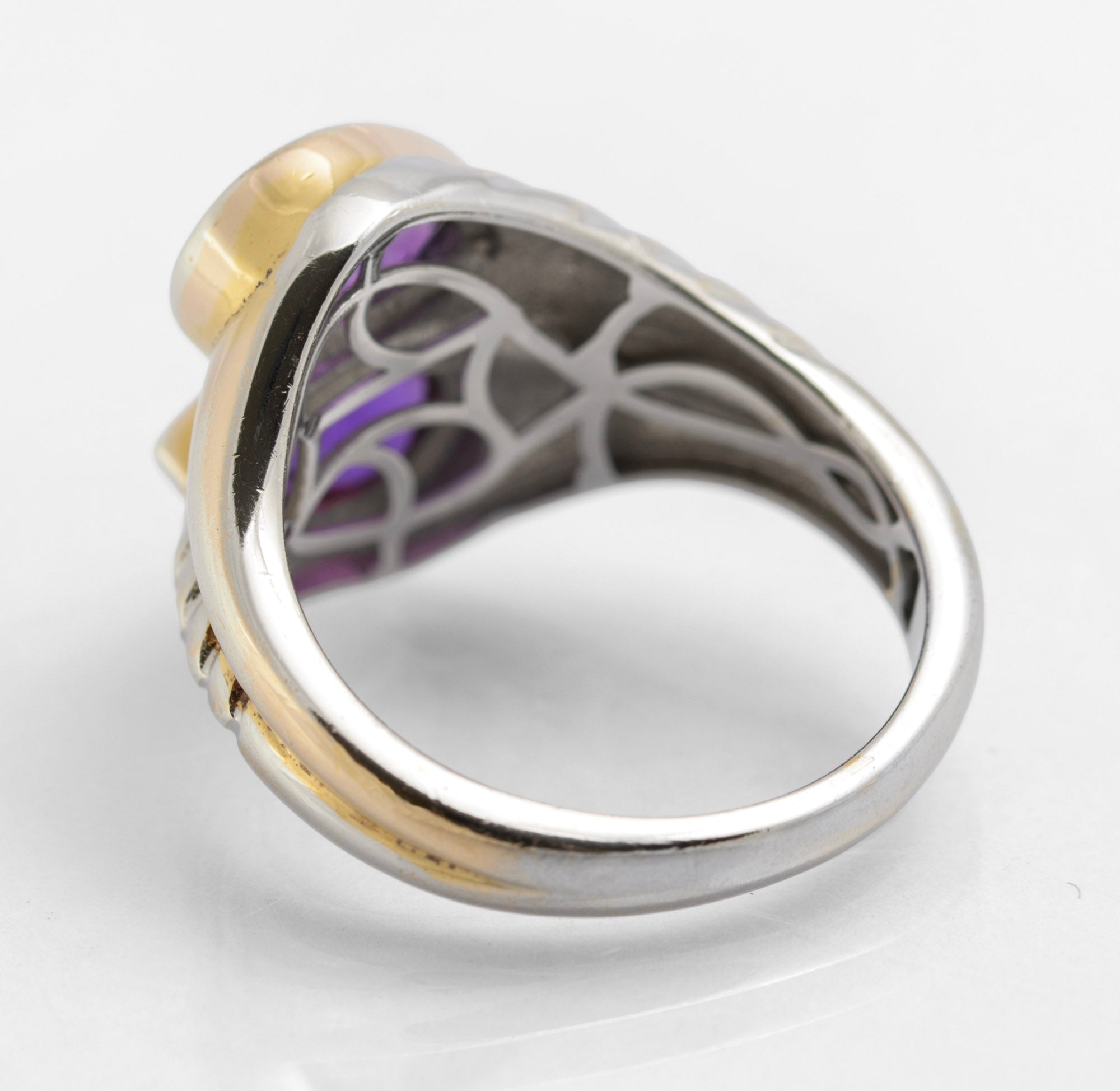 Vintage Sterling Silver Natural Amethyst & Gold Highlight Twin Head Ring Size O (C2827)