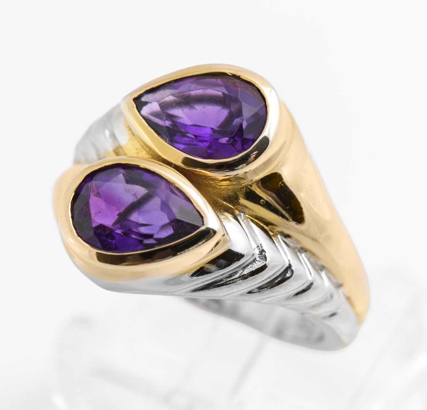 Vintage Sterling Silver Natural Amethyst & Gold Highlight Twin Head Ring Size O (C2827)